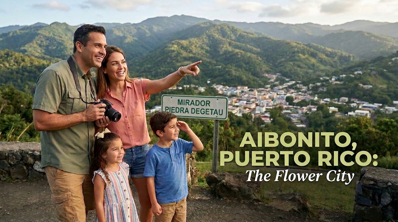 Familia turista visitando Aibonito, Puerto Rico